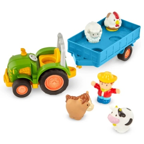 Traktor z przyczepą, rolnikiem i zwierzętami