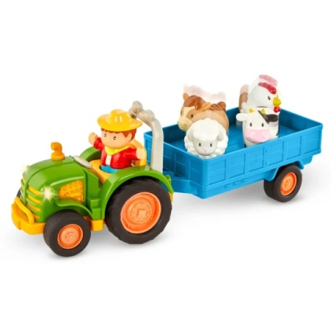 Traktor z przyczepą, rolnikiem i zwierzętami