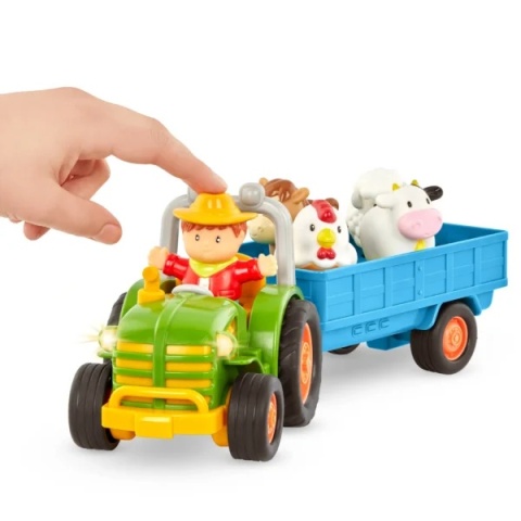 Traktor z przyczepą, rolnikiem i zwierzętami