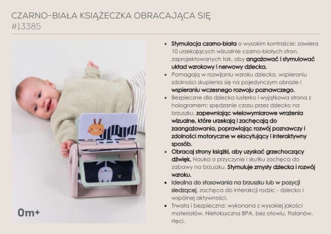 Czarno-biała książeczka obracająca się z grzechotką i lusterkiem Taf Toys - opis