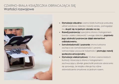 Czarno-biała książeczka obracająca się z grzechotką i lusterkiem Taf Toys - cechy