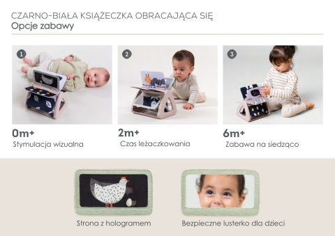 Czarno-biała książeczka obracająca się z grzechotką i lusterkiem Taf Toys - opcje zabawy