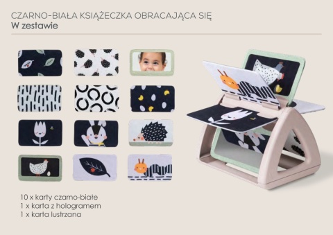 Czarno-biała książeczka obracająca się z grzechotką i lusterkiem Taf Toys - elementy
