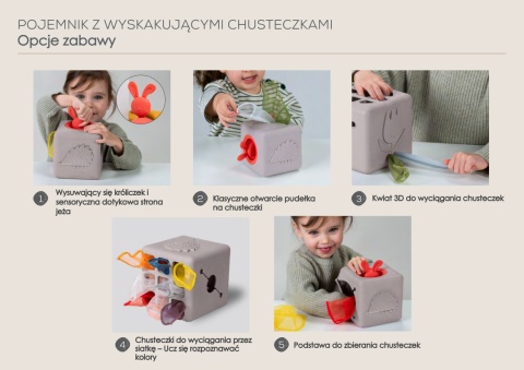 Pojemnik z wyskakującymi chusteczkami Taf Toys - opcje zabawy