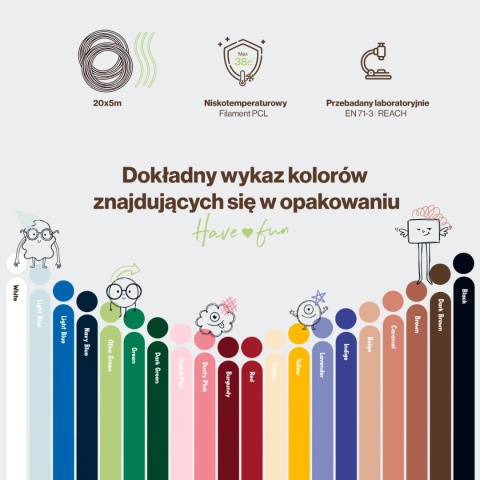 Dodatkowy filament Kidinex 20 kolorów - wykaz kolorów