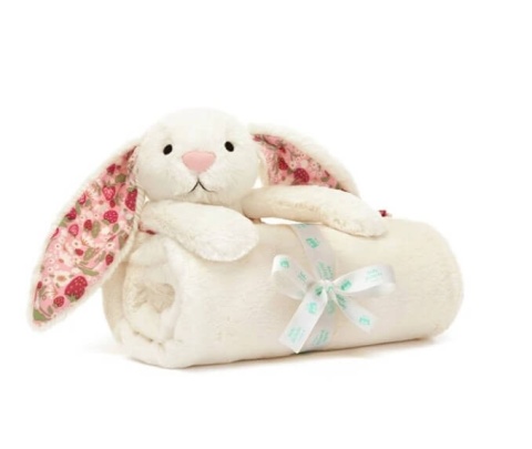 Kremowy kocyk Jellycat królik w truskawki - przód