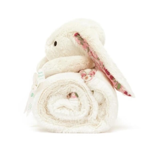 Kremowy kocyk Jellycat królik w truskawki - bok