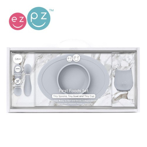 EZPZ Komplet pierwszych naczyń silikonowych First Foods Set pastelowa szarość EZPZ Komplet pierwszych naczyń silikonowych First Foods Set pastelowa szarość
