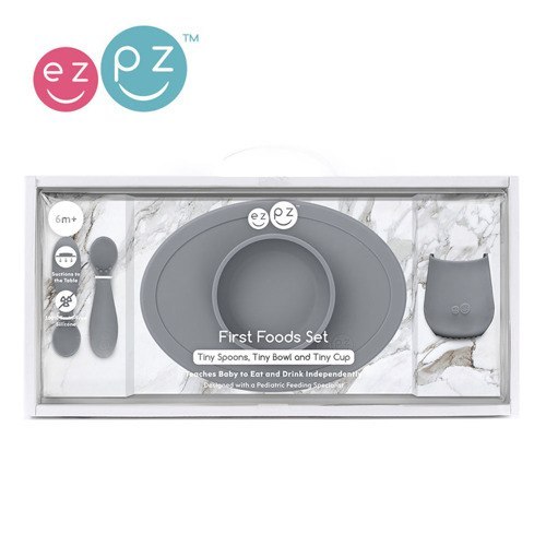 EZPZ Komplet pierwszych naczyń silikonowych First Foods Set szary EZPZ Komplet pierwszych naczyń silikonowych First Foods Set szary