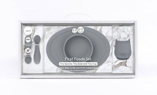 EZPZ Komplet pierwszych naczyń silikonowych First Foods Set szary EZPZ Komplet pierwszych naczyń silikonowych First Foods Set szary