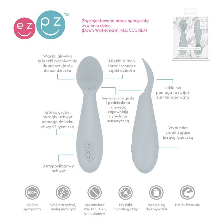 EZPZ Silikonowa łyżeczka Tiny Spoon 2 szt. pastelowa szarość EZPZ Silikonowa łyżeczka Tiny Spoon 2 szt. pastelowa szarość