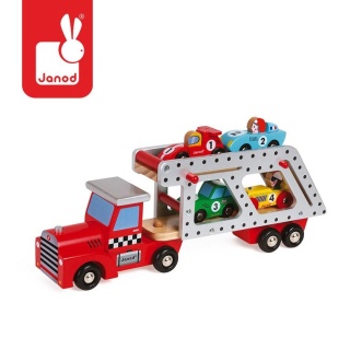 Drewniana laweta z 4 samochodzikami Janod